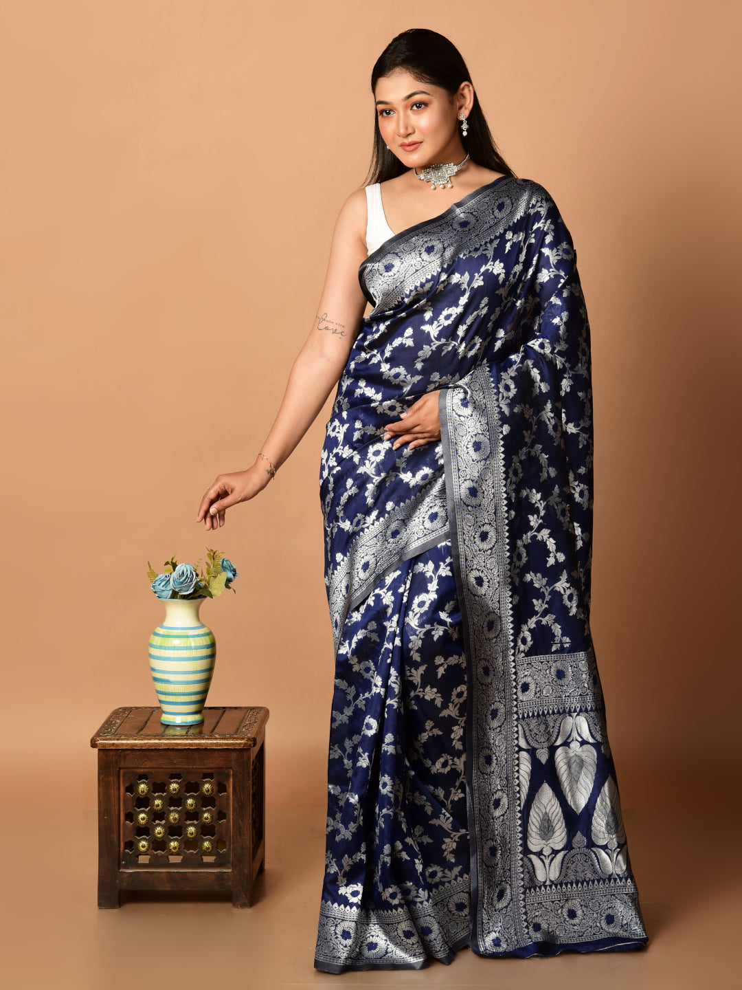 Laa Calcutta Navy Blue & Silver all over zari work silk banarasi saree