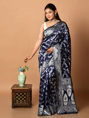 Laa Calcutta Navy Blue & Silver all over zari work silk banarasi saree