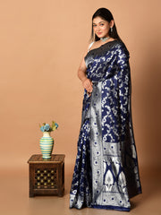 Laa Calcutta Navy Blue & Silver all over zari work silk banarasi saree