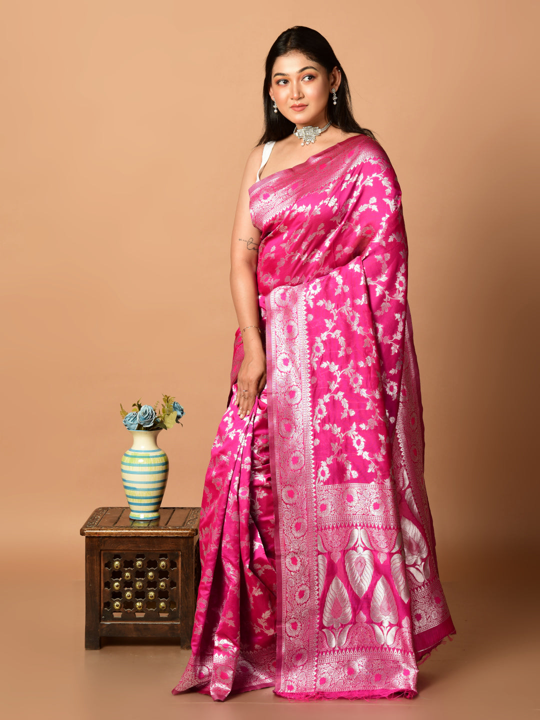 Laa Calcutta Magenta & Silver all over zari work silk banarasi saree