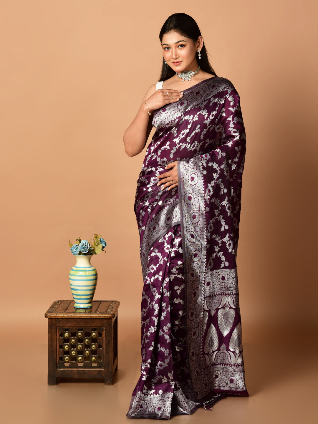 Laa Calcutta Purple & Silver all over zari work silk banarasi saree