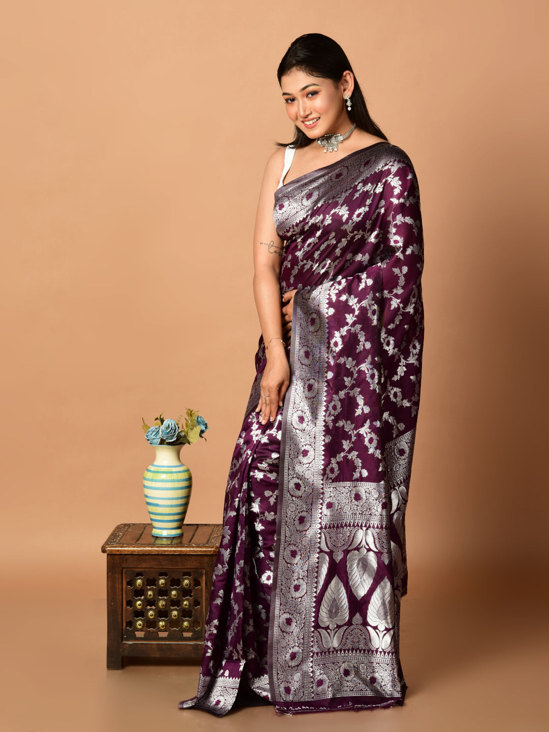 Laa Calcutta Purple & Silver all over zari work silk banarasi saree