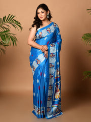 Laa Calcutta Blue & Multi printed semi pure silk saree