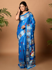 Laa Calcutta Blue & Multi printed semi pure silk saree