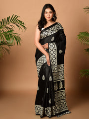 Laa Calcutta Black & White printed semi pure silk saree