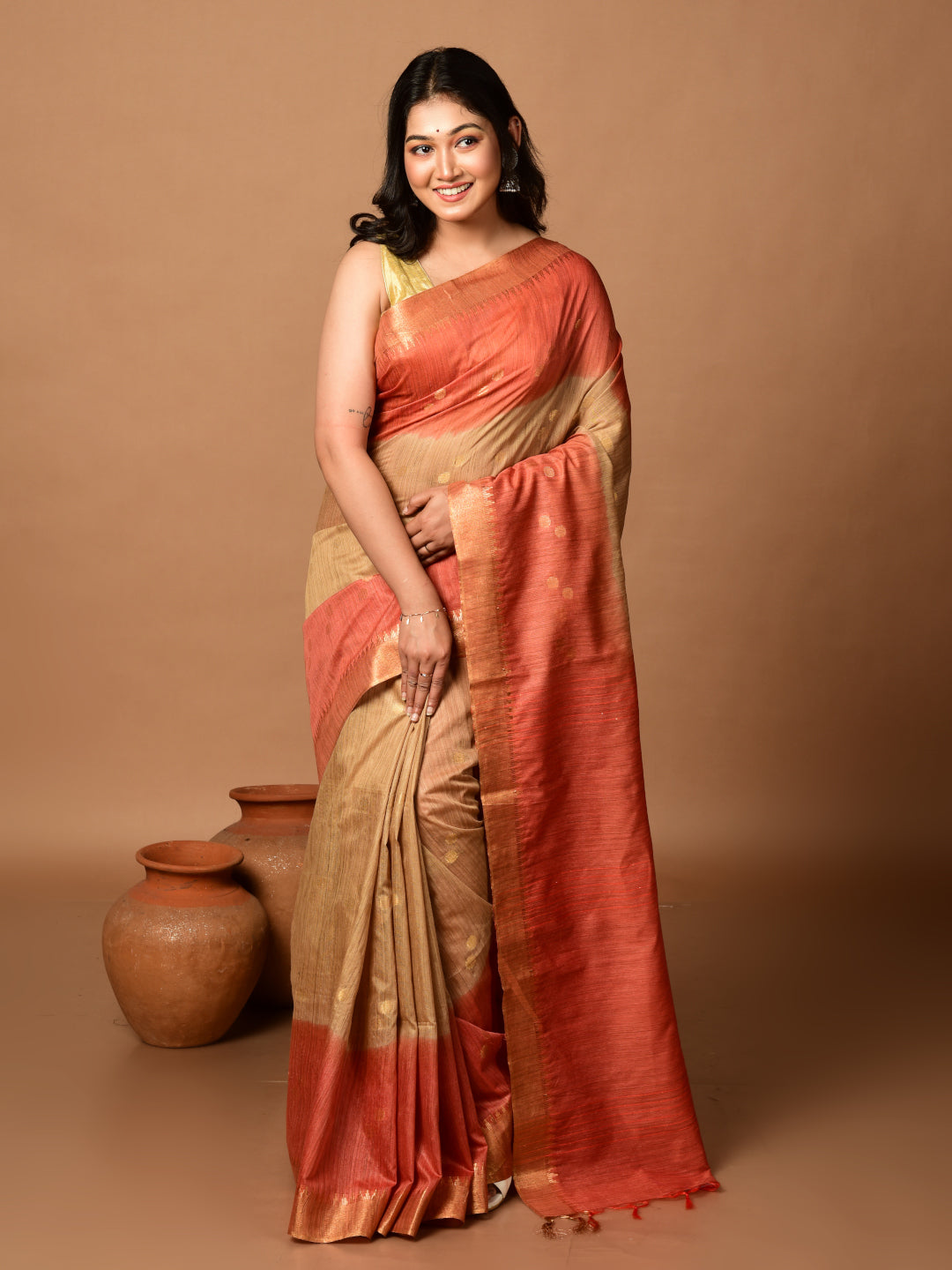 Laa Calcutta Rust & Beige tussar sequence silk saree