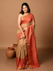 Laa Calcutta Rust & Beige tussar sequence silk saree