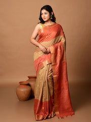 Laa Calcutta Rust & Beige tussar sequence silk saree