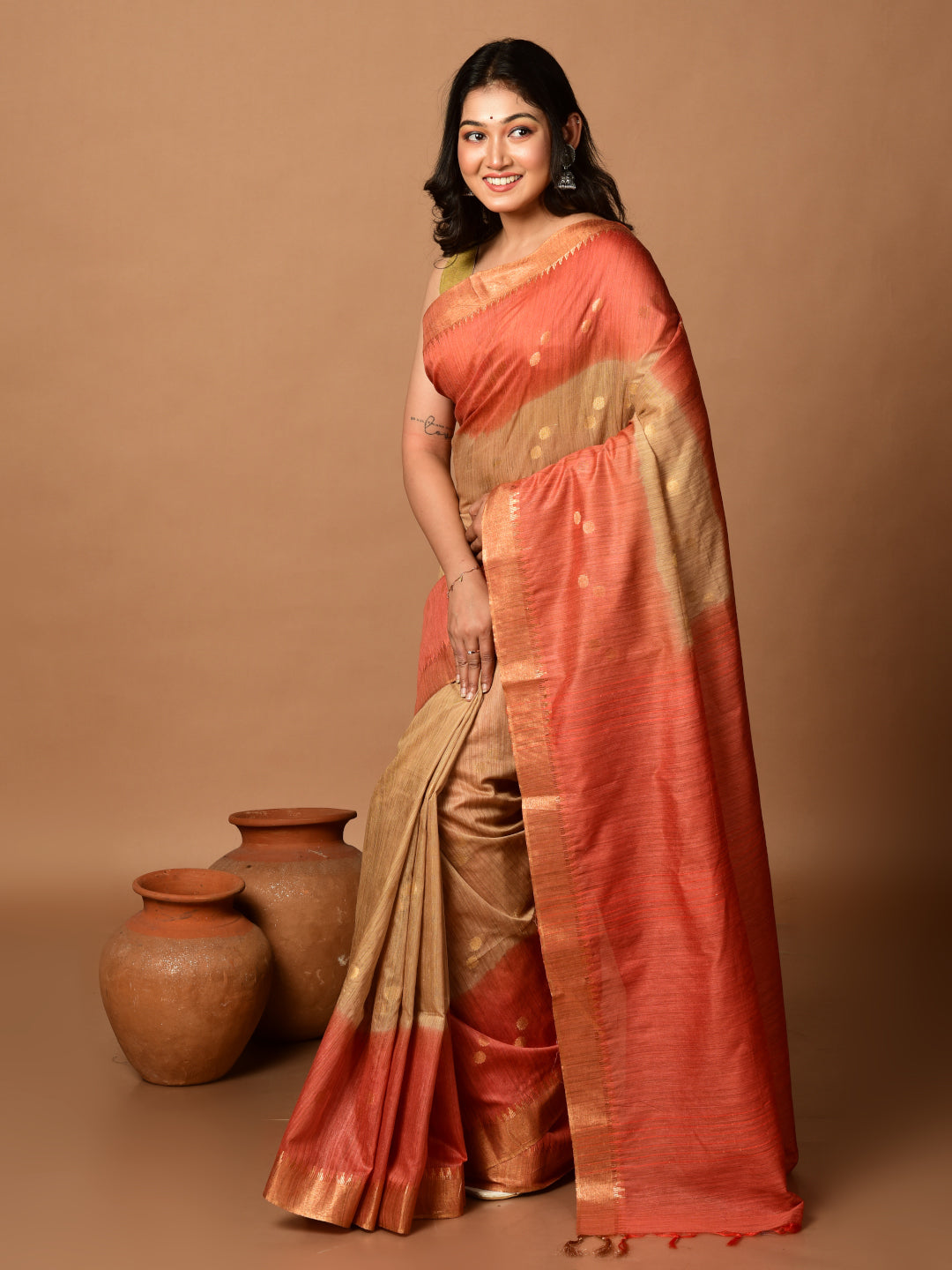 Laa Calcutta Rust & Beige tussar sequence silk saree