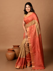 Laa Calcutta Rust & Beige tussar sequence silk saree