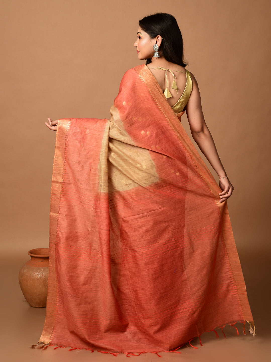 Laa Calcutta Rust & Beige tussar sequence silk saree