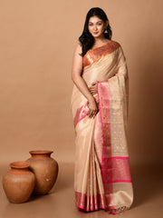 Laa Calcutta Beige & Multi thread embroided Tissue silk banarasi saree