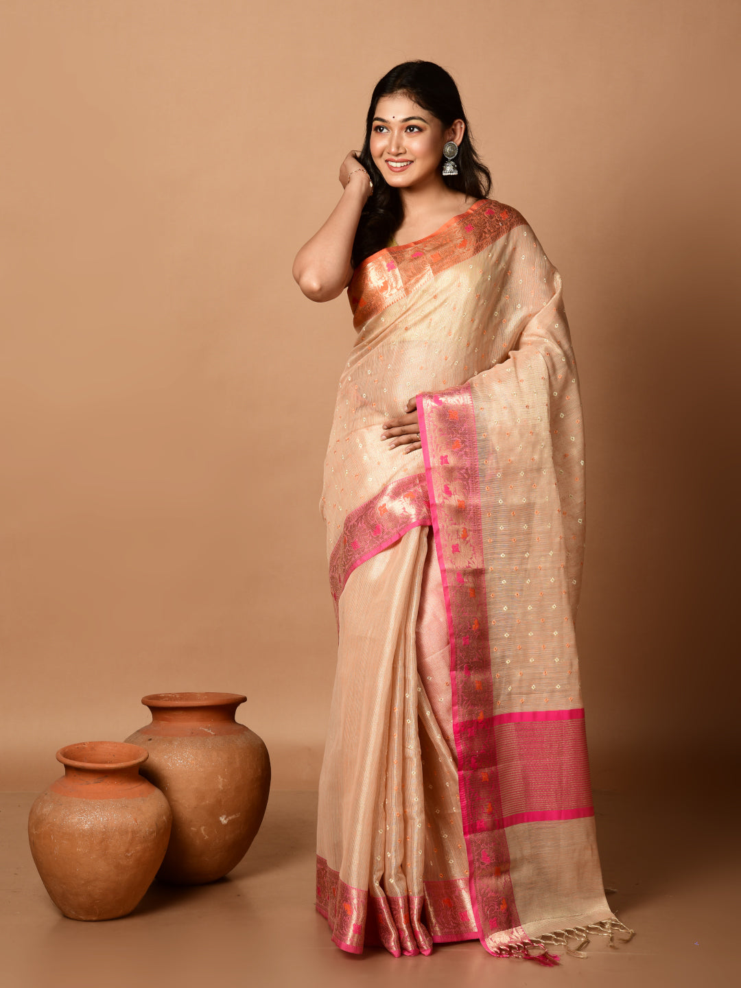 Laa Calcutta Beige & Multi thread embroided Tissue silk banarasi saree