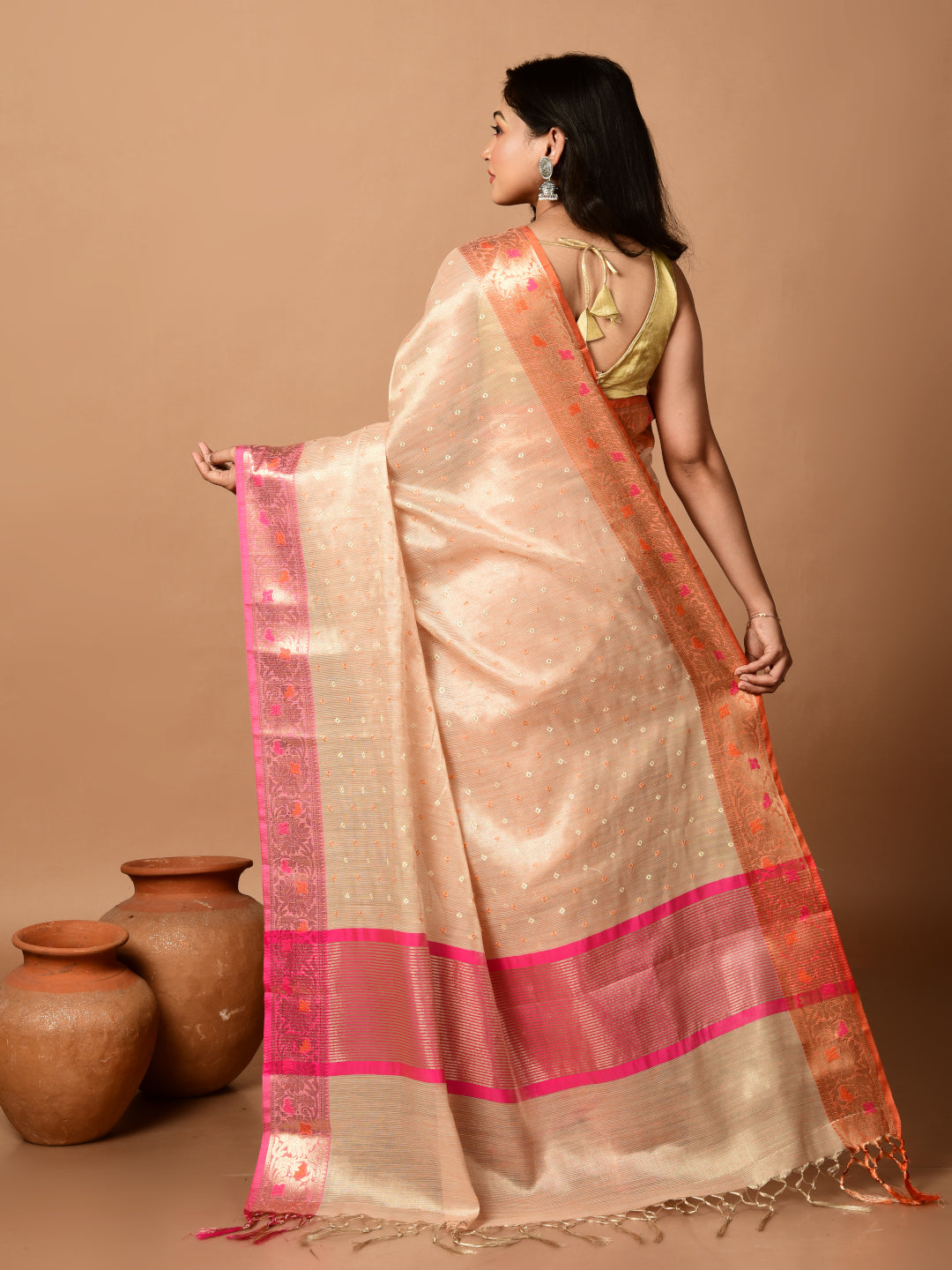 Laa Calcutta Beige & Multi thread embroided Tissue silk banarasi saree