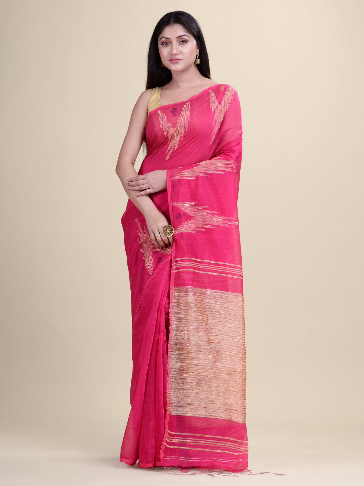 Pink  & Golden  Handloom  saree