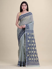 Green & Navy Blue Cotton Jamdani Saree