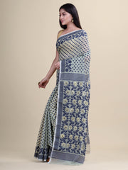 Green & Navy Blue Cotton Jamdani Saree