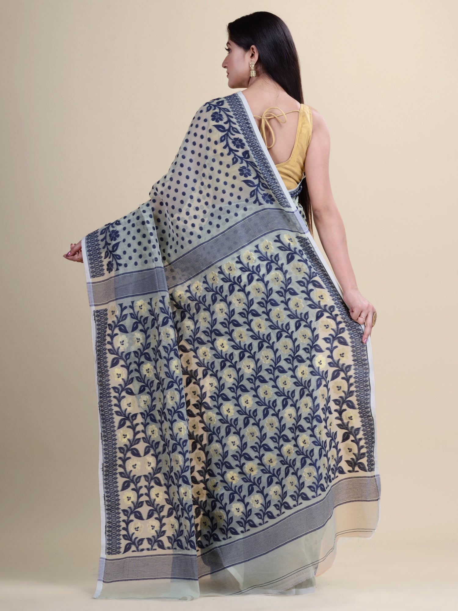 Green & Navy Blue Cotton Jamdani Saree