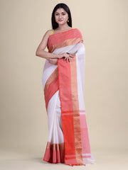 Laa Calcutta White & Red pure cotton solid handloom saree