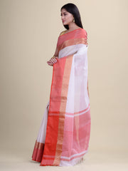 Laa Calcutta White & Red pure cotton solid handloom saree