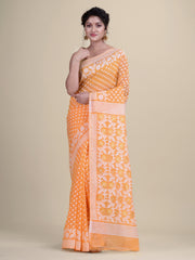 Orange & White Cotton Jamdani Saree