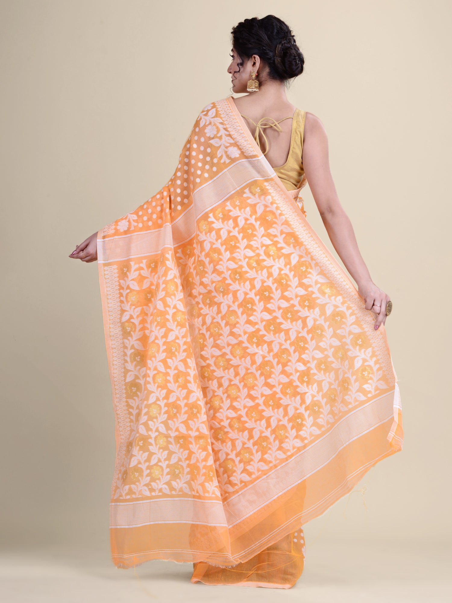 Orange & White Cotton Jamdani Saree