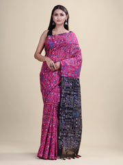 Deep Pink & Black  Silk cotton  Handloom  saree