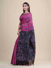 Deep Pink & Black  Silk cotton  Handloom  saree