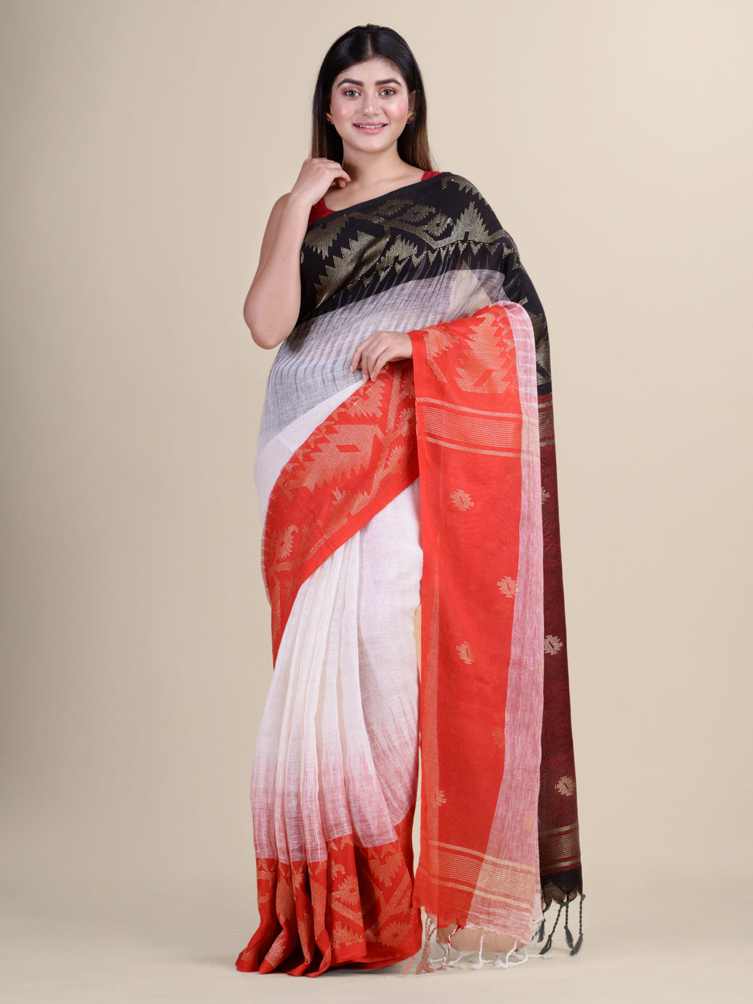 White & Red Linen  saree