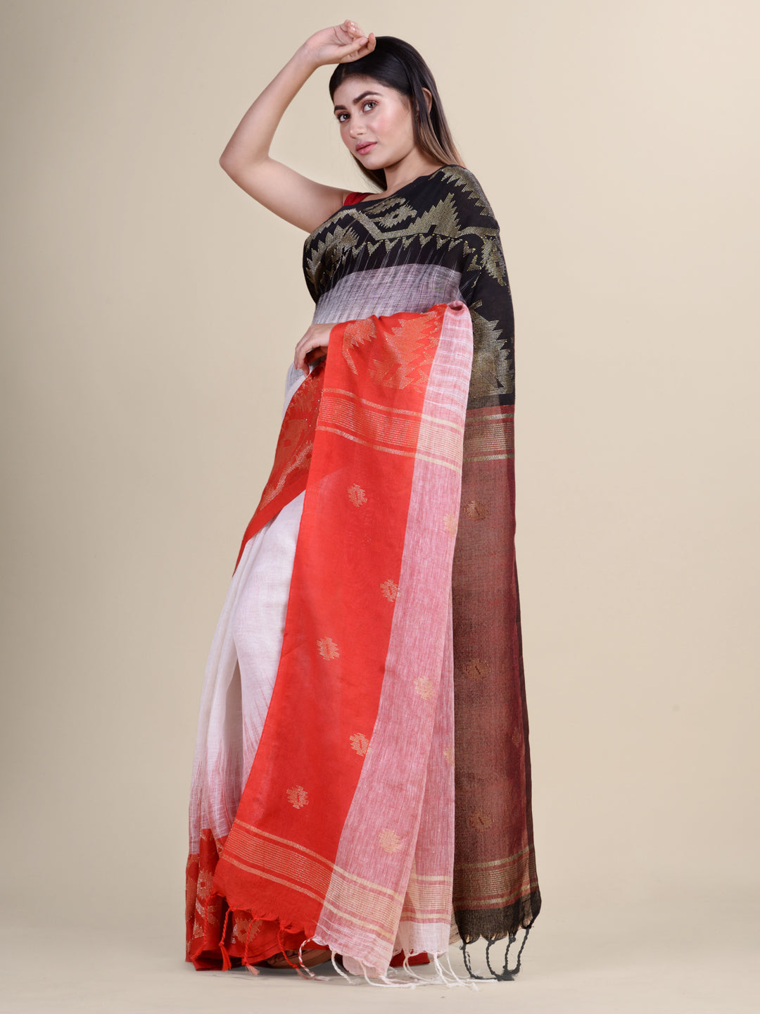 White & Red Linen  saree