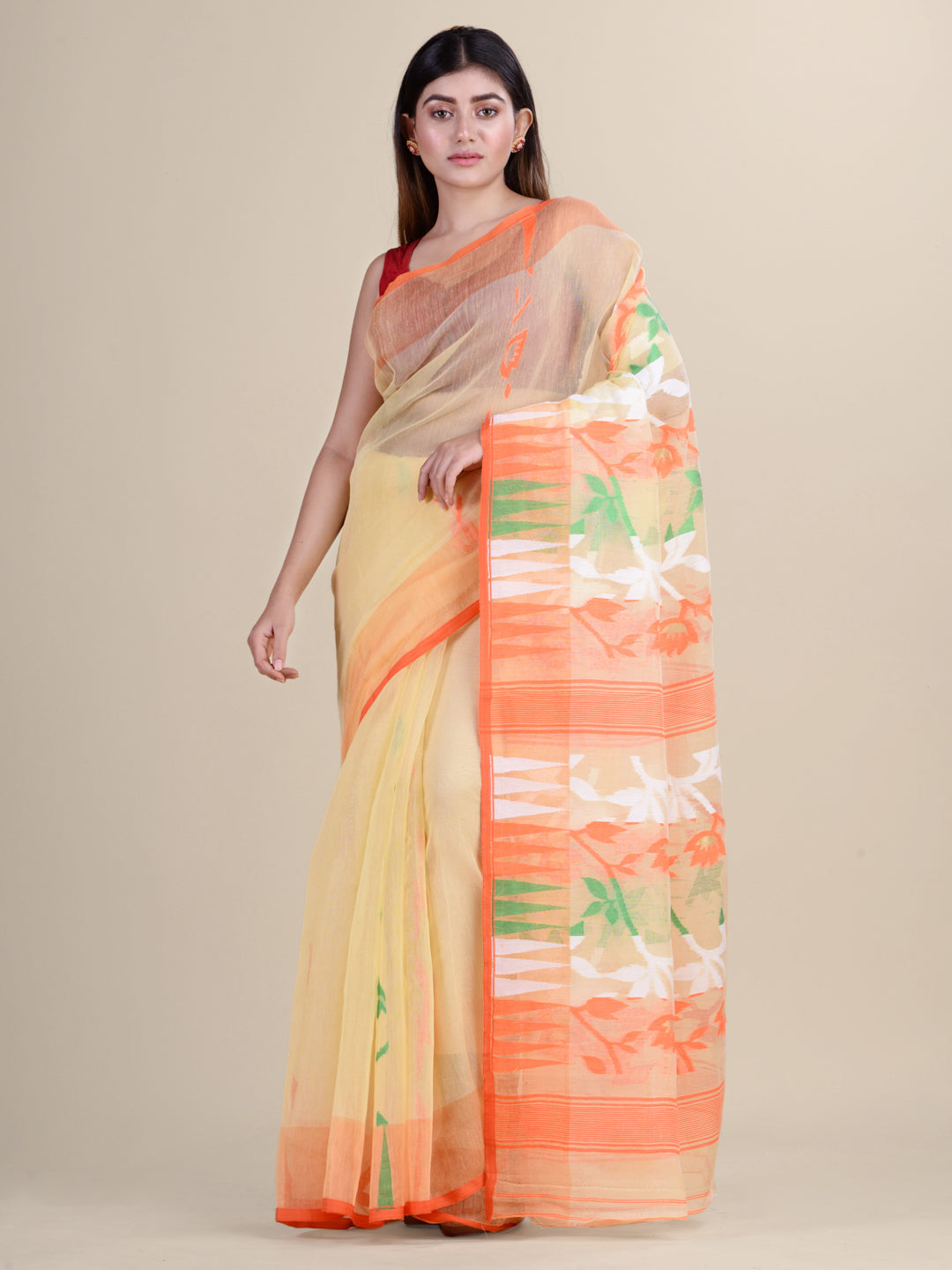 Yellow & Multi Cotton Jamdani Saree