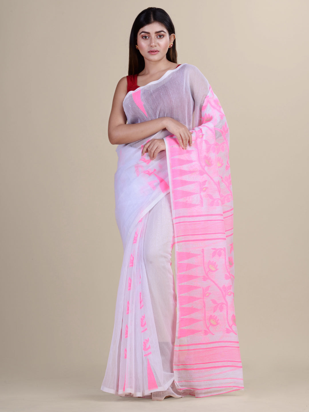 Laa Calcutta White & Pink pure cotton jamdani saree