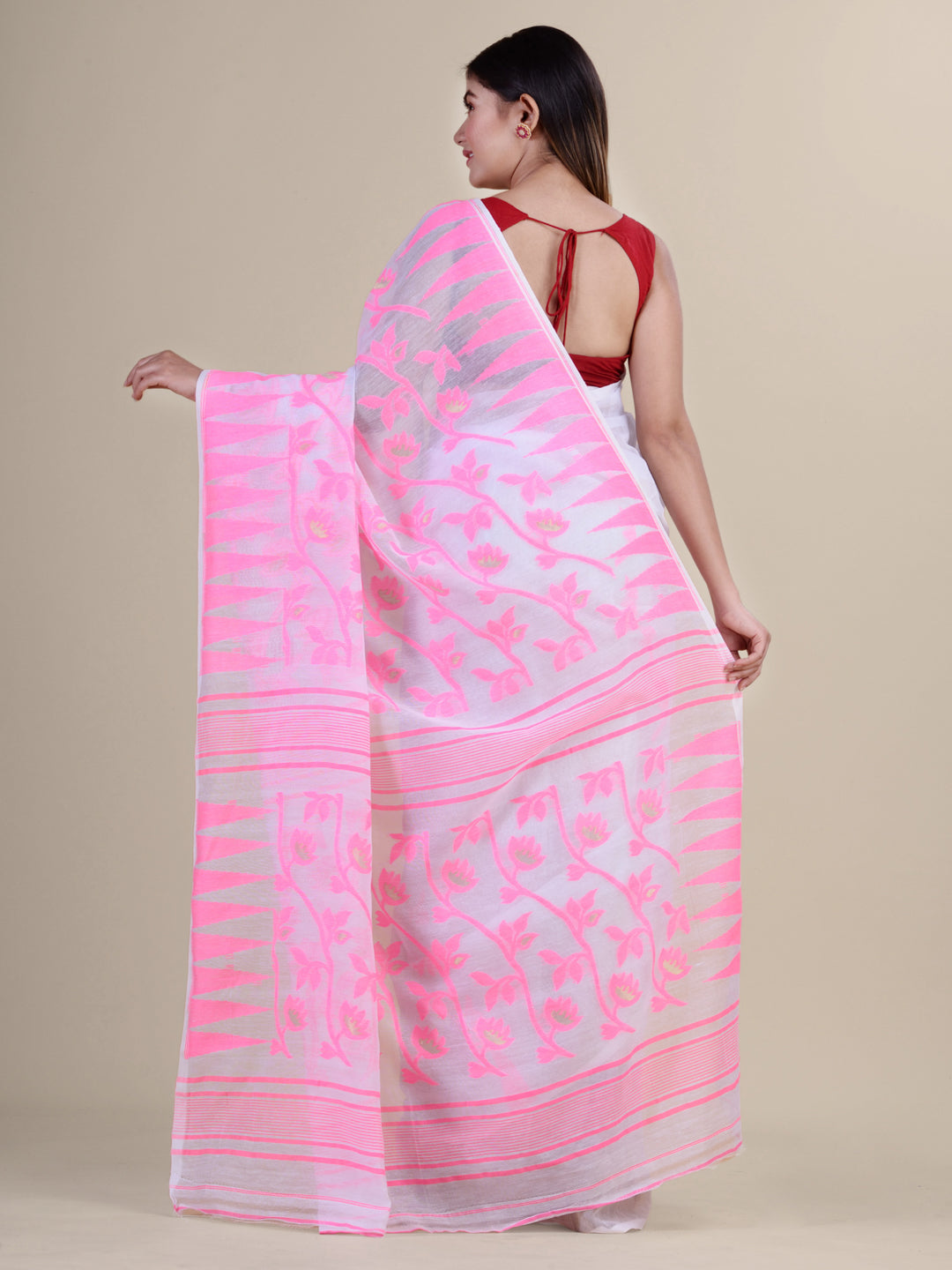 Laa Calcutta White & Pink pure cotton jamdani saree