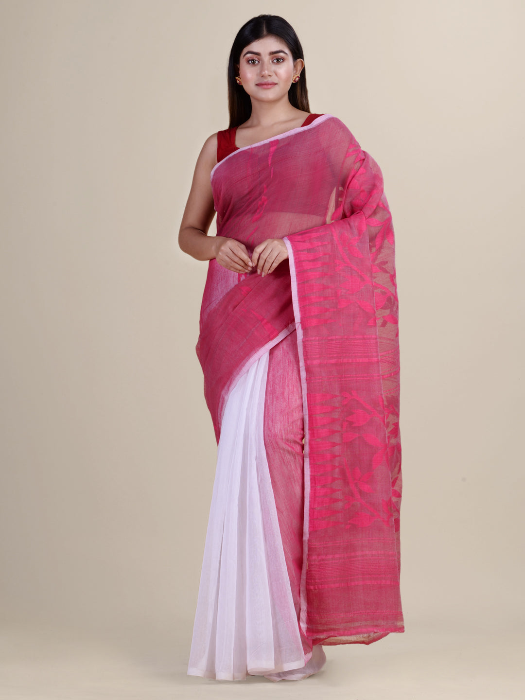 White & Pink Cotton Jamdani Saree