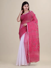 White & Pink Cotton Jamdani Saree