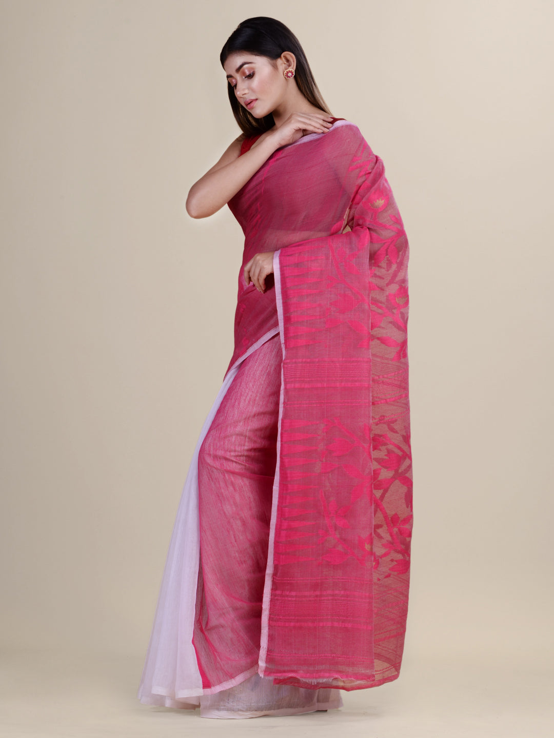 White & Pink Cotton Jamdani Saree