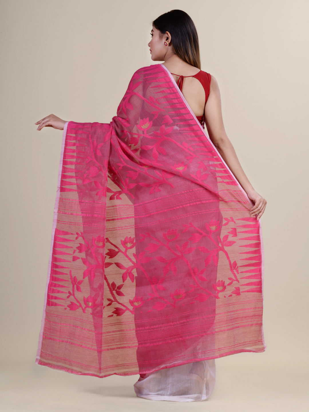 White & Pink Cotton Jamdani Saree