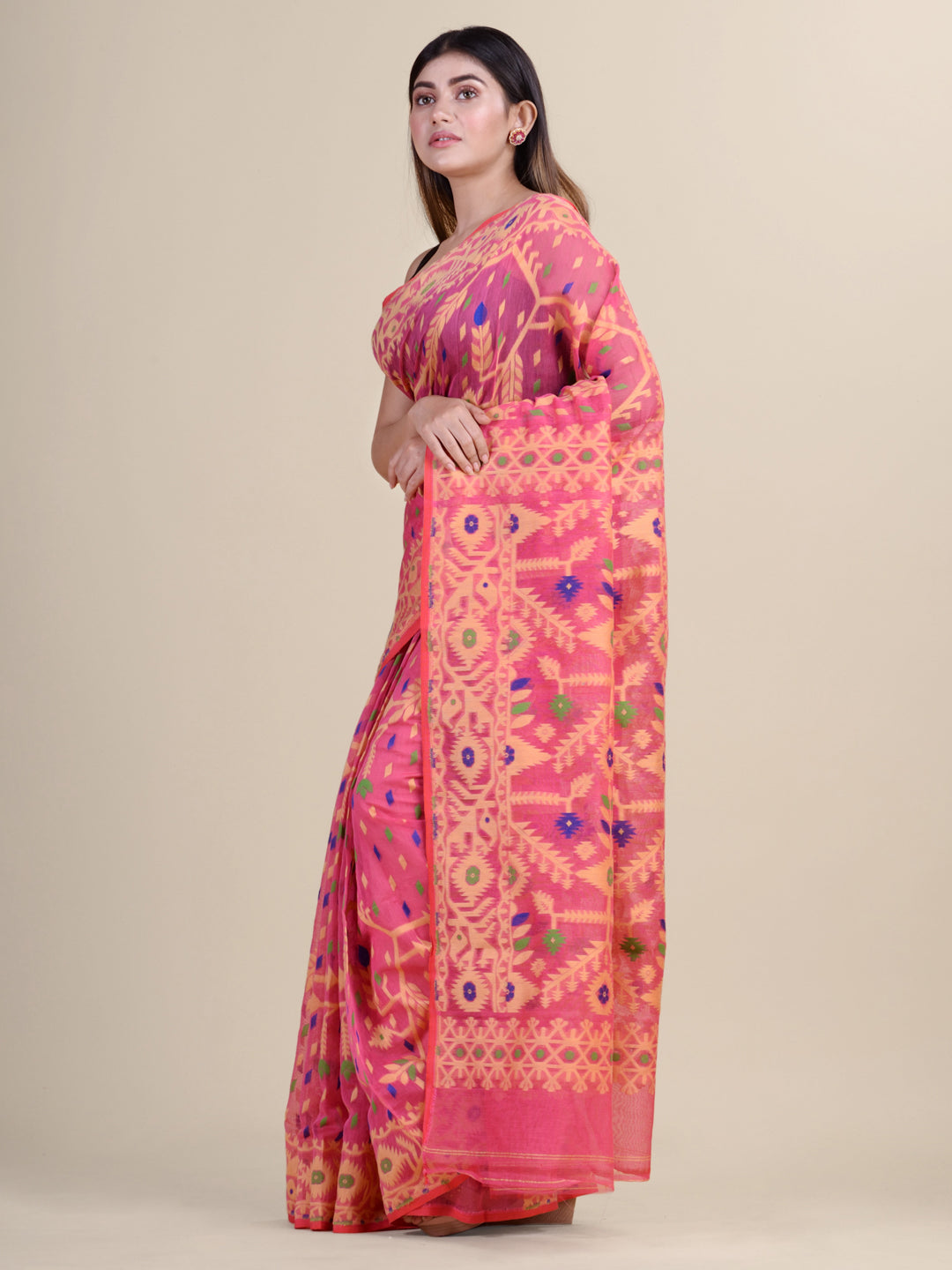 Pink & Multi pure cotton jamdani saree