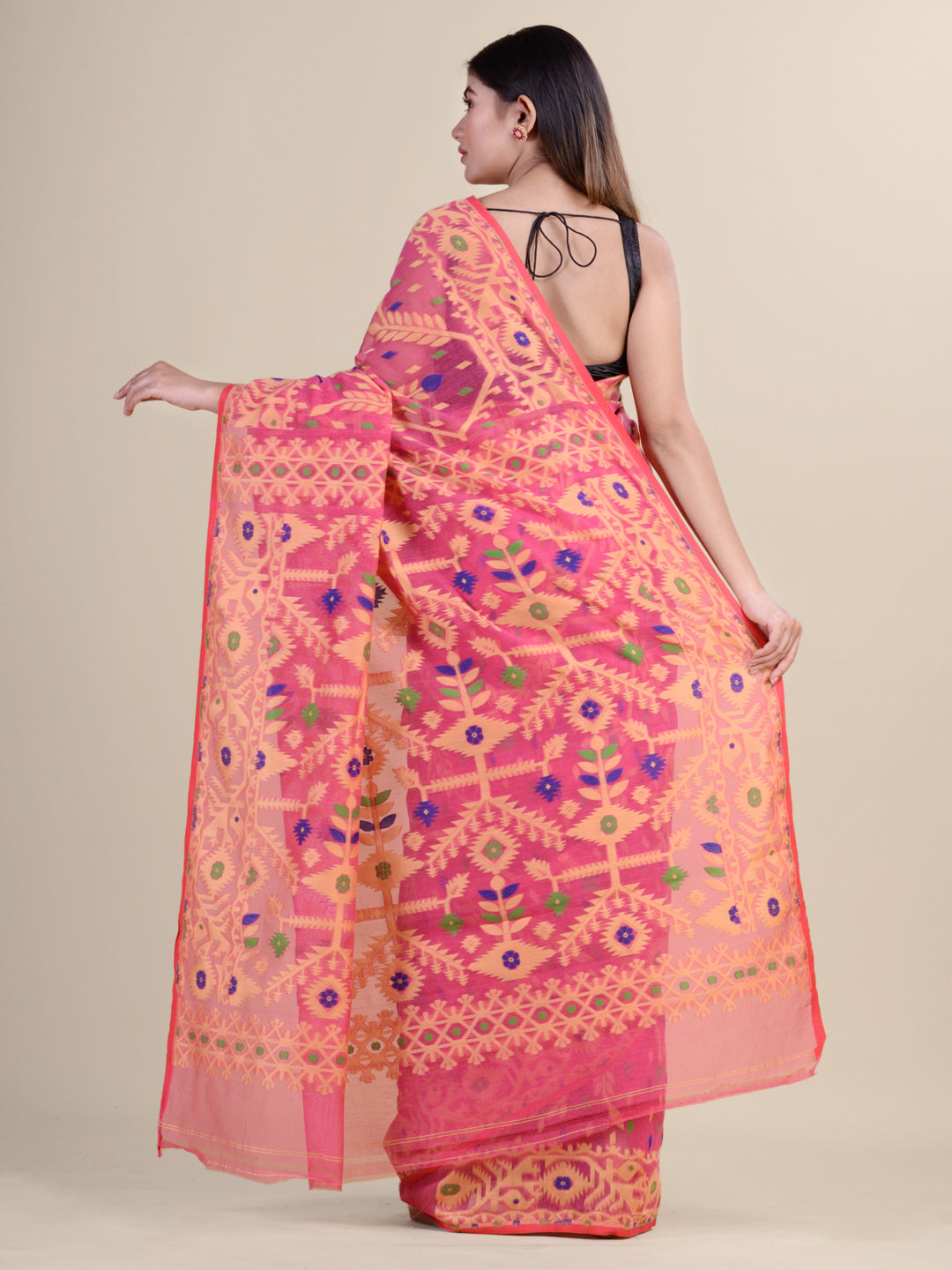 Pink & Multi pure cotton jamdani saree