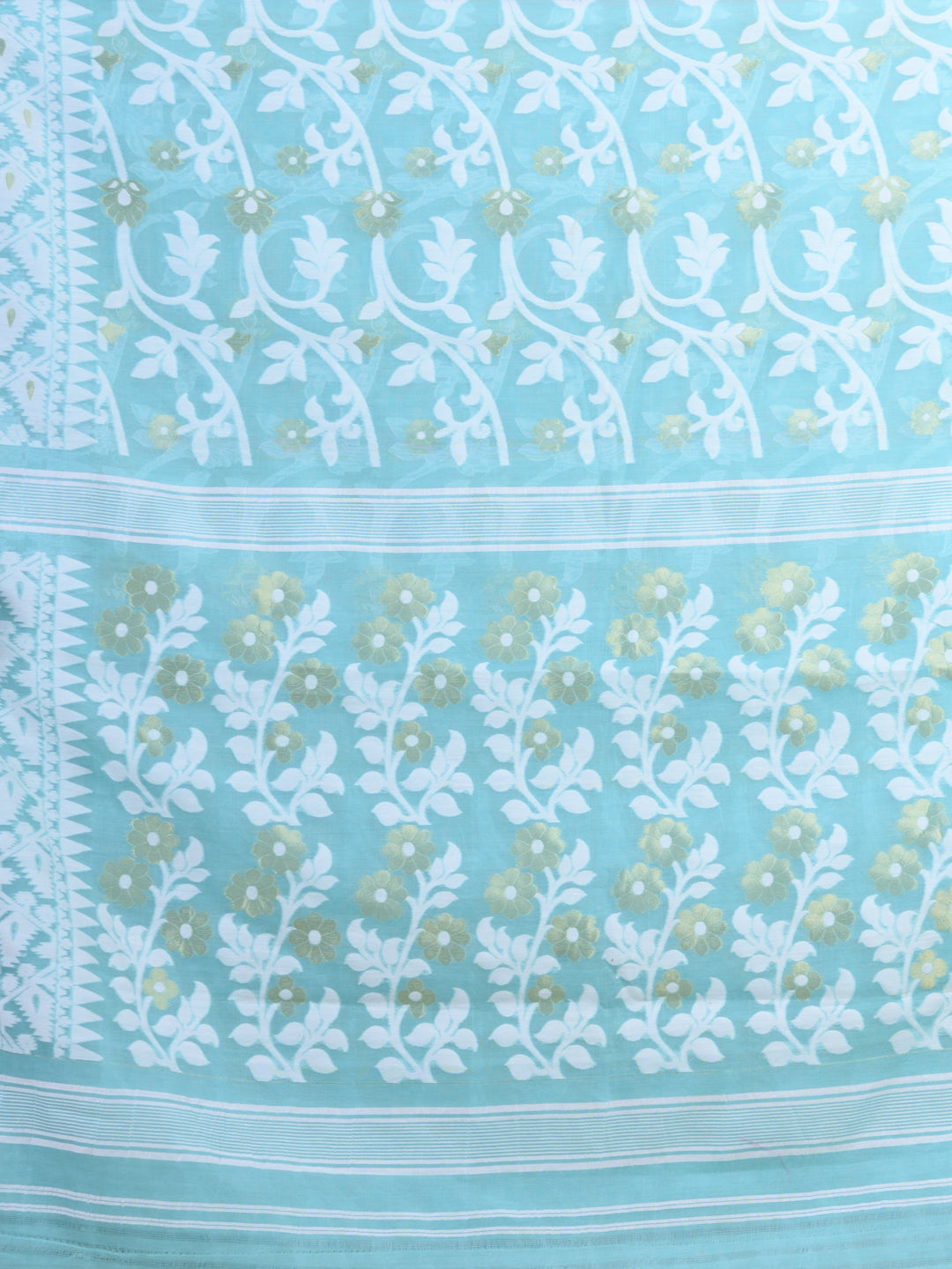 Sea-Green & White Cotton Jamdani Saree