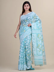 Sea-Green & White Cotton Jamdani Saree