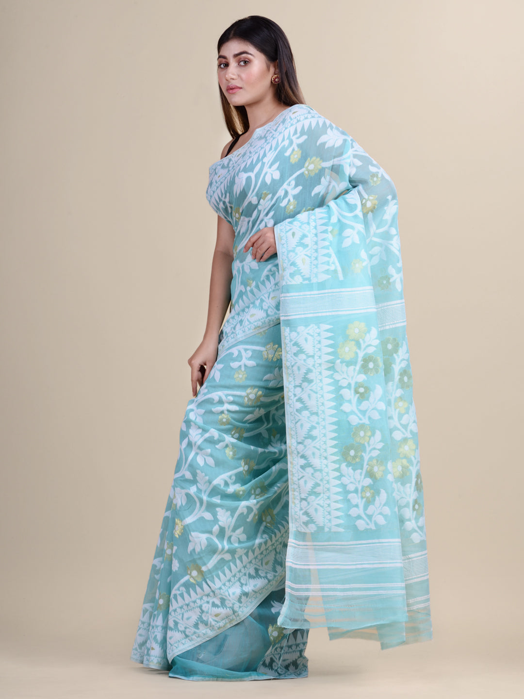 Sea-Green & White Cotton Jamdani Saree