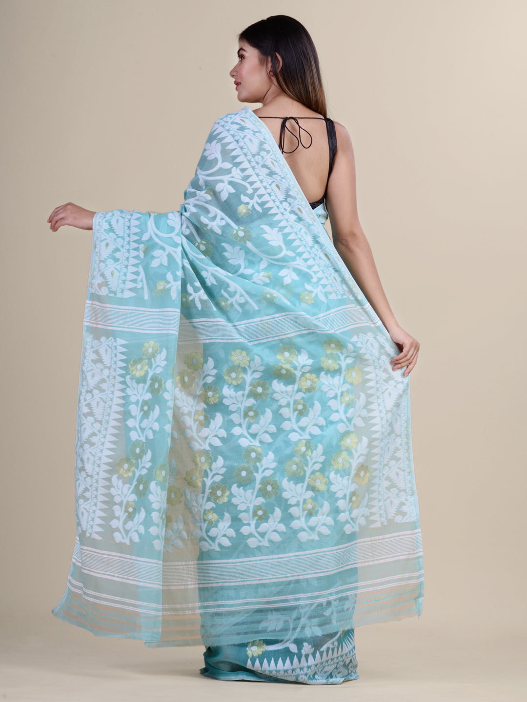 Sea-Green & White Cotton Jamdani Saree