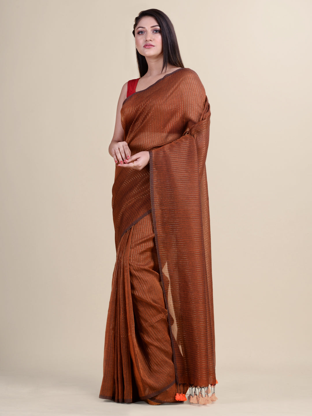 Brown & Golden  Cotton Handloom Saree