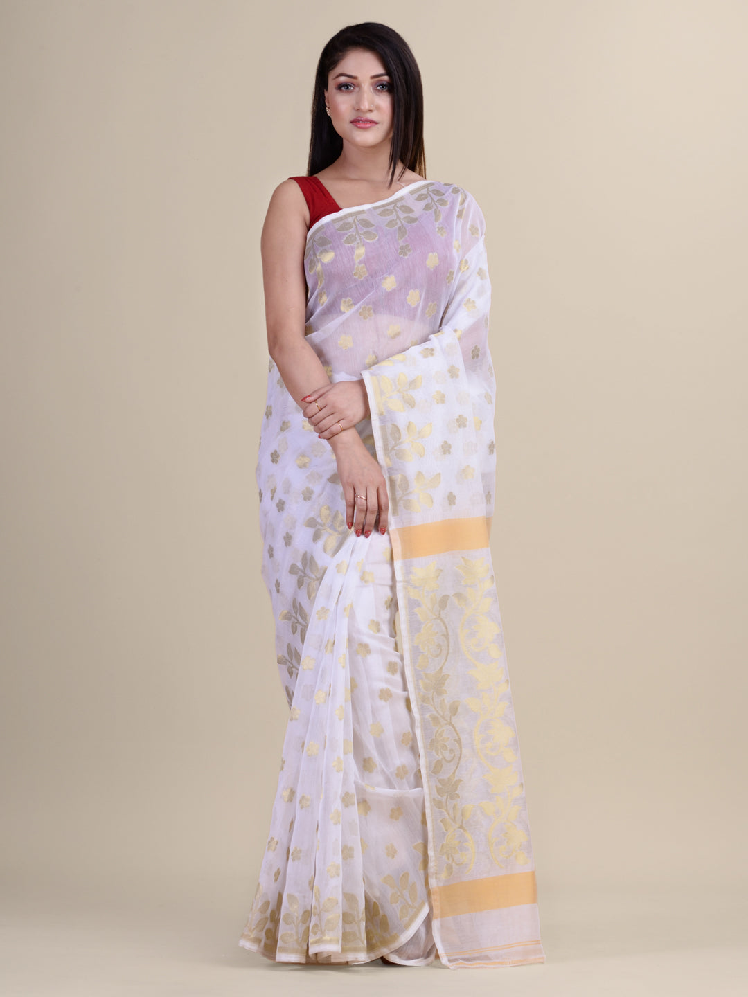 Laa Calcutta White & Golden Silk cotton jamdani saree