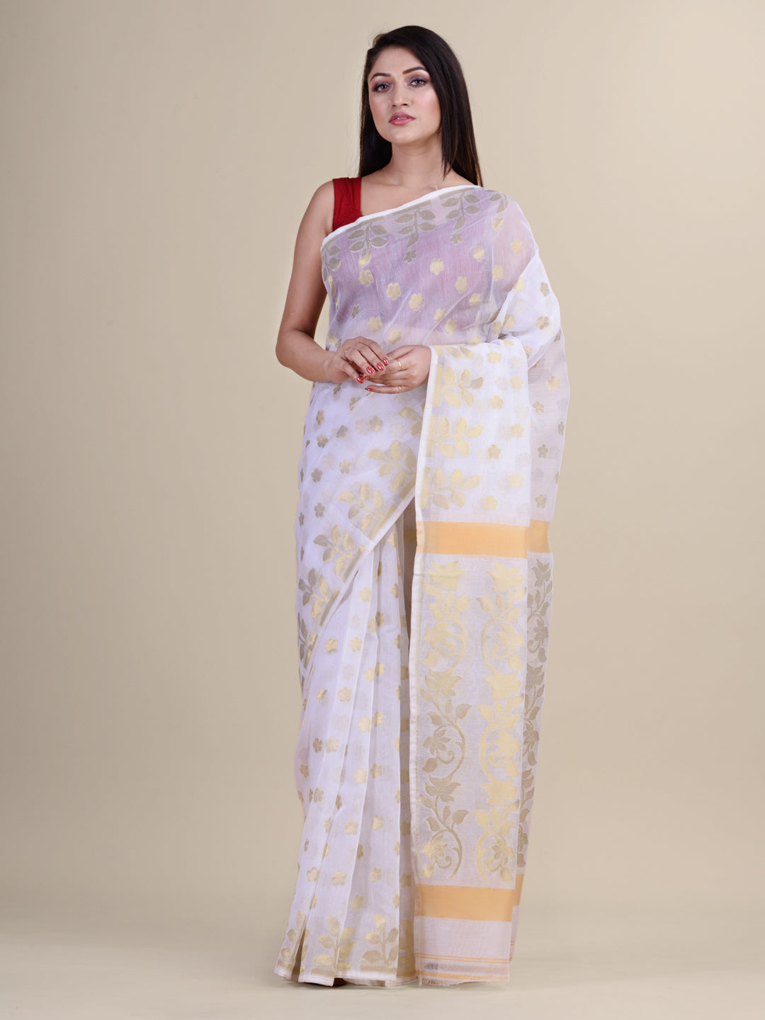 Laa Calcutta White & Golden Silk cotton jamdani saree