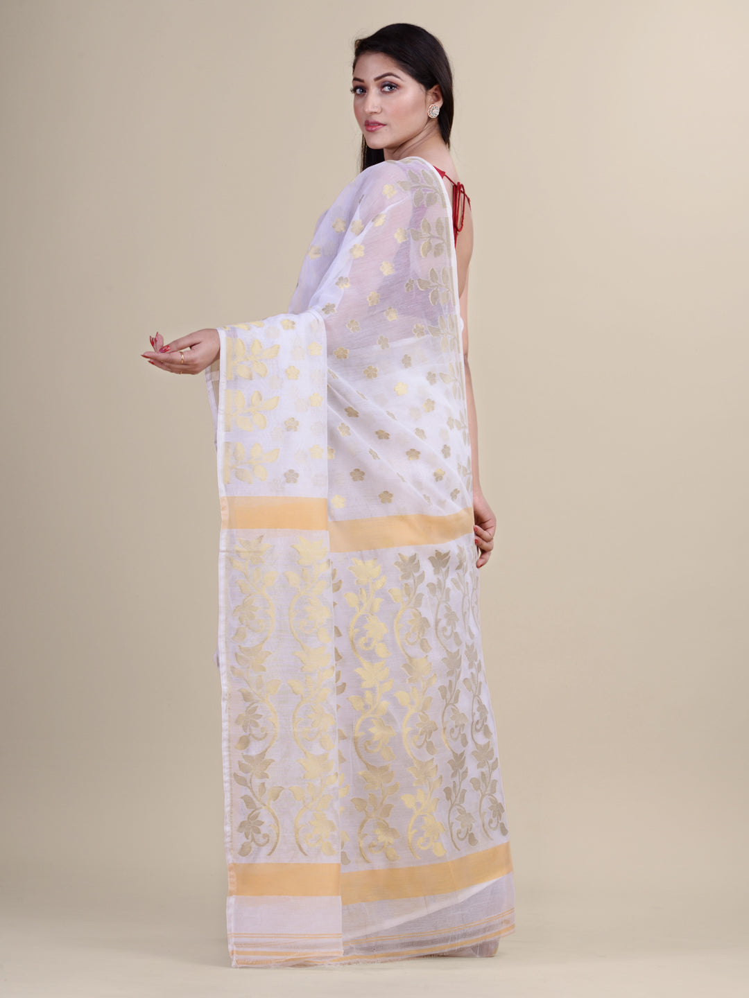 Laa Calcutta White & Golden Silk cotton jamdani saree