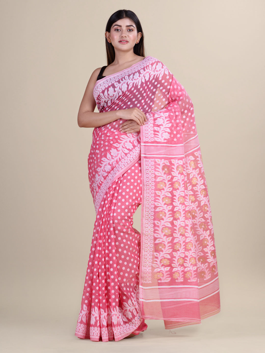 White & Pink Cotton Jamdani Saree