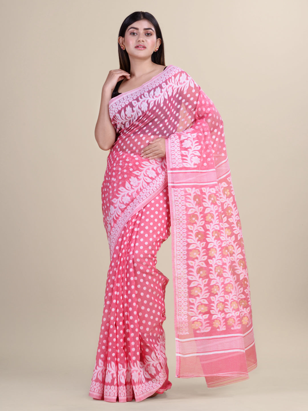 White & Pink Cotton Jamdani Saree