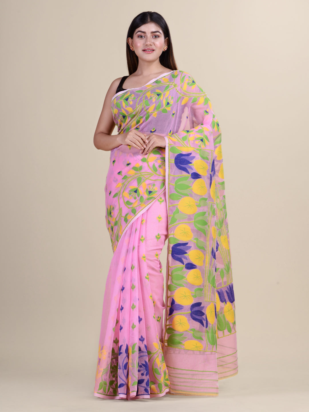 Pink & Multi Cotton Jamdani Saree